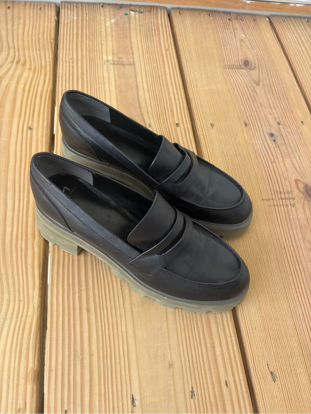 Marc Fisher Black Leather Lug Sole Penny Loafers